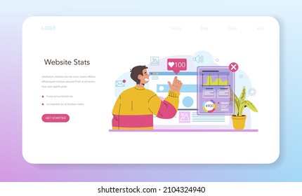 Content manager web banner or landing page. Idea of digital promotion strategy and content production. Content plan development and website statistic monitoring. Flat vector illustration