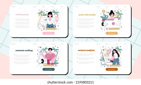 Banner web del gestor de contenido o conjunto de páginas de inicio. Idea de estrategia de promoción digital y producción de contenidos. Desarrollo de planes de contenido y monitoreo estadístico de sitios web. Ilustración vectorial plana