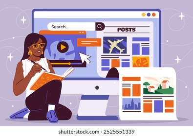 Content manager woman. Young girl in glasses with book near computer screen. Rating posts on social networks. SEO and SMM specialist. Flat vector illustration isolated on violet background