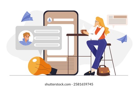 Content manager woman. Young girl sitting near smartphone and light bulb. SMM specialist maintains account on social networks. Blogger and content creator. Flat vector illustration