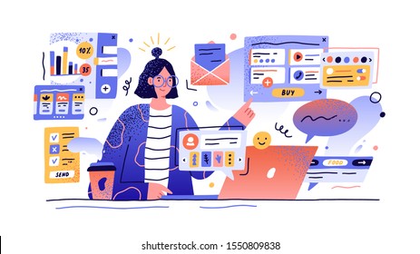 Content manager at work hand drawn illustration. Female multitasking skill concept. Young girl managing SMM strategy processes cartoon character. Freelance worker busy with email marketing analysis.