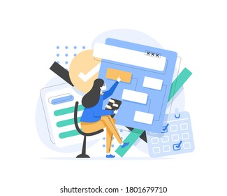 Content manager at work hand drawn illustration,Young girl managing SMM strategy processes cartoon character. Freelance worker busy with email marketing analysis