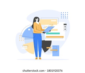 Content manager at work hand drawn illustration,Young girl managing SMM strategy processes cartoon character. Freelance worker busy with email marketing analysis