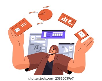 Content manager work with social media. Digital designer create design system. Analyst choose web data for analysis. Flying interface elements in woman hand. Flat isolated vector illustration on white