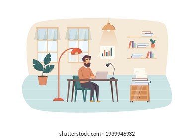 Gestor de contenido trabajando en laptop en el escenario de la oficina. El hombre analiza las estadísticas del sitio, crea el plan de contenido. Optimización SEO, concepto de promoción. Ilustración vectorial de personajes de diseño plano
