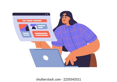 El gestor de contenido trabaja en el portátil. Editor de sitios Web editando página en línea en el equipo. Mujer navegando por internet. CMS, concepto de tecnología de la información. Ilustración vectorial plana aislada en fondo blanco.