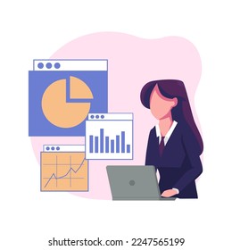 Content manager works at laptop. Web-site editor editing online page at computer. Woman surfing internet. CMS, information technology concept. Flat vector illustration isolated on white background
