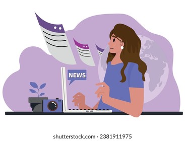 Content manager works at laptop. Web-site editor editing online page at computer. Woman surfing internet. CMS, information technology concept. Flat vector illustration isolated on white background.