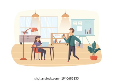 Content managers at office scene. Colleagues discussing content strategy, working on laptop, do work tasks. SEO optimization, promotion concept. Vector illustration of people characters in flat design