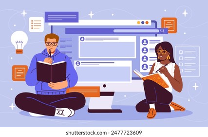 Content managers team. Man and woman sits near website with pages. Cretive people with ideas of conent for social networks and messengers. SMM specialists. Cartoon flat vector illustration