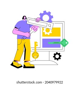 Ilustración vectorial de concepto abstracto de marketing de contenido. herramienta de optimización SEO, optimización de palabras clave, estrategia SMM, marketing digital, compromiso e interacción de usuarios, compartiendo metáfora post abstracta.