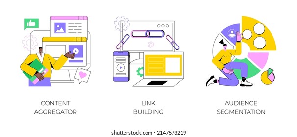 Content Marketing Abstract Concept Vector Illustration Set. Content Aggregator, Link Building, Audience Segmentation, Page Rank, Target Audience, Digital Ad Campaign, Hyperlink Abstract Metaphor.