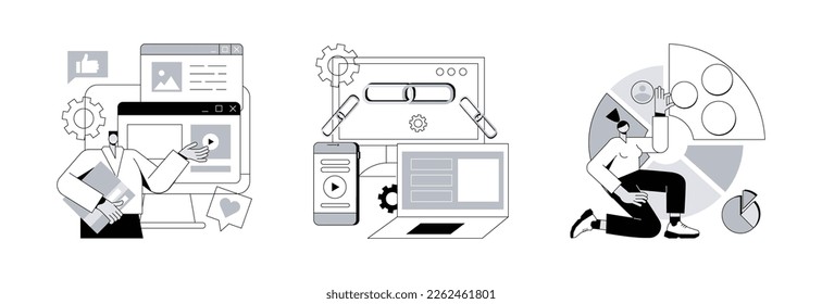 Content marketing abstract concept vector illustration set. Content aggregator, link building, audience segmentation, page rank, target audience, digital ad campaign, hyperlink abstract metaphor.