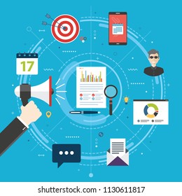 Content marketing, advertising and communication in business, digital content promotion. Hand holding megaphone with smartphone, email, people and target icons. Flat design vector illustration.