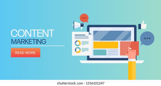 Content marketing, Advertising, Digital content, Analytics, Promotion - flat design banner for website and blog with icons and texts