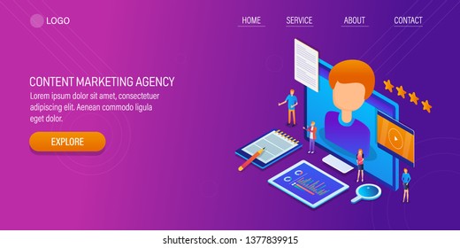 Content marketing agency, content marketing, Digital marketing service, 3D, isometric vector banner with icons