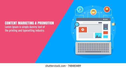 Content marketing, Article promotion, digital marketing, social media flat vector banner illustration with icons and texts