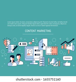 Fondo de marketing de contenido con iconos. Ilustración vectorial.