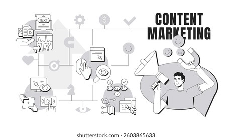 Content marketing banner conceptual illustration. Leads generation. Analytics, statistics. Advertising, promoting. Abstract idea with stylized character, outline icons. Monochrome vector