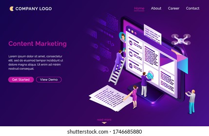 Content marketing banner. Social media advertising, seo optimization concept. Vector landing page of digital business strategy, promotion with video and text creation. Isometric writing people