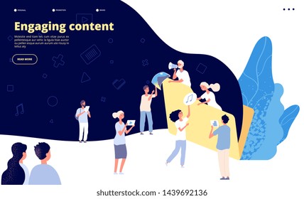 Content marketing. Blog writing, promotional article text creating strategy. Ad copywriter service landing page vector design. Illustration of engaging content video and audio file