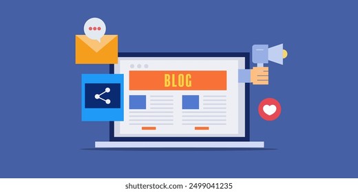 Content marketing blog, Writing blog for content marketing, Sharing content through social media, email marketing and SEO - vector illustration background with icons