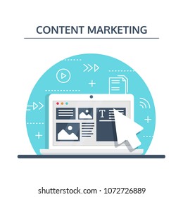 Content Marketing and Blogging concept in flat design. Creating, marketing and sharing of digital - vector illustration.