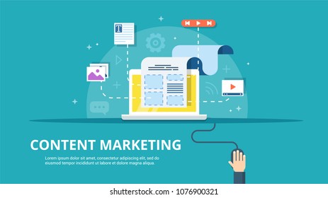 Content Marketing and Blogging concept in flat design. Creating, marketing and sharing of digital - vector illustration.