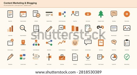 Content marketing and blogging flat icon set featuring blog article, editorial calendar, SEO brief, headline writing, guest post, storytelling and publish button on a light background.