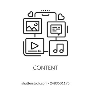 Content marketing and blogging line icon, vector social media. Mobile phone screen with video, music and image files, website article or post and social media reaction heart outline symbols