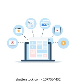 Content Marketing, Blogging and SMM concept in flat design. Web page fill out with content. articles and media materials uploading process. Creating, marketing and sharing of digital - vector