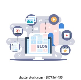 Content Marketing, Blogging and SMM concept in flat design. The blog page fill out with content. articles and media materials uploading process. Creating, marketing and sharing of digital - vector