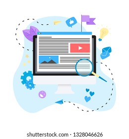 Content Marketing, Blogging and SMM concept. Articles and media materials on desktop.