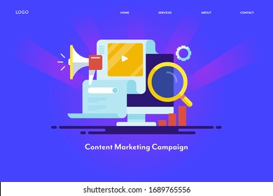 Content Marketing Campaign - Content Advertising - Social Media Marketing - SEO - Conceptual Flat Design Vector Landing Page Template