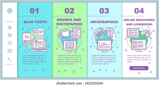Content marketing channels onboarding mobile web pages vector template. Responsive smartphone website interface idea with linear illustrations. Webpage walkthrough step screens. Color concept