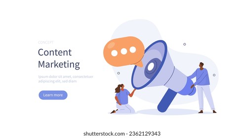 Content marketing. Characters standing near loudspeaker and planning successfully marketing strategy. Digital business concept. Vector illustration.