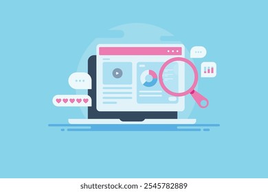 Concepto de marketing de contenidos, Análisis del rendimiento del contenido de Sitio web, estrategia de marketing digital, SEO, Redes sociales, Análisis de datos - fondo de Ilustración vectorial con iconos