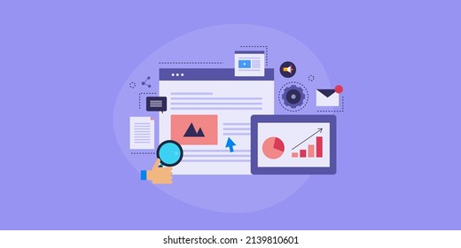 Content marketing concept, Attracting target audience with content strategy, Content analysis, SEO - flat design vector illustration with icons