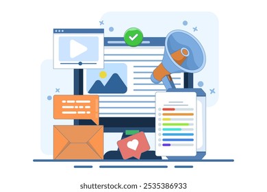 Content marketing concept, Brand content promotion, Email marketing, Social media advertising, Content strategy, content marketing strategy, Social media, vector illustration with icons.