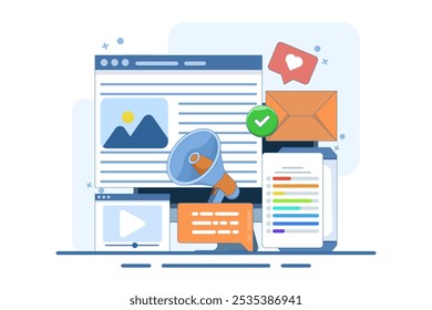 Content marketing concept, Brand content promotion, Email marketing, Social media advertising, Content strategy, content marketing strategy, Social media, vector illustration with icons.