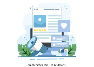 Content marketing concept, Branded content promotion, Share content on social media, Post content on social media, Digital marketing strategy, vector illustration background with icons.