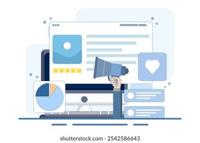 Content marketing concept, Branded content promotion, Share content on social media, Post content on social media, Digital marketing strategy, vector illustration background with icons.