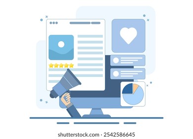 Content marketing concept, Branded content promotion, Share content on social media, Post content on social media, Digital marketing strategy, vector illustration background with icons.