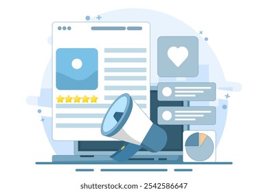 Content marketing concept, Branded content promotion, Share content on social media, Post content on social media, Digital marketing strategy, vector illustration background with icons.