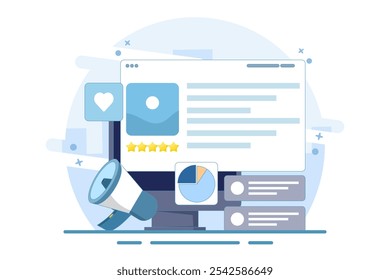 Content marketing concept, Branded content promotion, Share content on social media, Post content on social media, Digital marketing strategy, vector illustration background with icons.