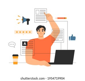 Content marketing concept. Copywriter, marketer or blogger creating article, post, publication online on a laptop. CMS, content management system. Website promotion. Isolated flat vector illustration