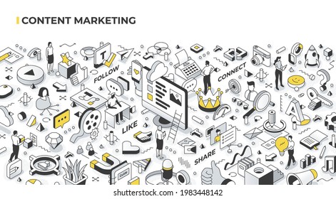 Content marketing concept. Creating and distributing quality digital content relevant and engaging for target audience. Abstract isometric illustration for hero images and web banners