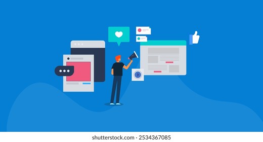 Content marketing concept, Creator creating content for Social media, Website content promotion, Branded content - vector illustration with characters