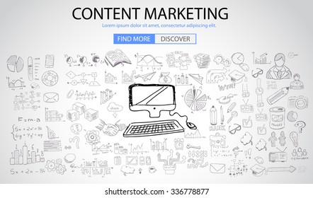 Content Marketing concept with Doodle design style: online solution, social media campain, creative ideas,Modern style illustration for web banners, brochure and flyers.