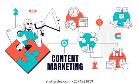 Content marketing concept illustration. Statistical metrics, charts. Customers, users. Social media, trends. Text banner with flat vector character, colorful line icons. Visual communication